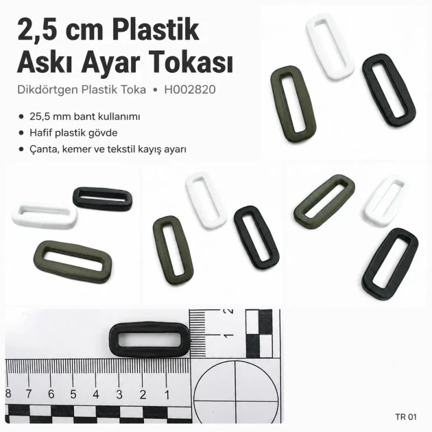 Askı Ayar Tokası 2,5 cm Plastik Dikdörtgen Toka H002820, siyah renk, çanta ve kemer projeleri için ideal, dayanıklı ve hafif