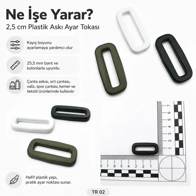 Askı Ayar Tokası 2,5 cm Plastik Dikdörtgen Toka H002820, siyah renk, çanta ve kemer projeleri için ideal, dayanıklı ve hafif
