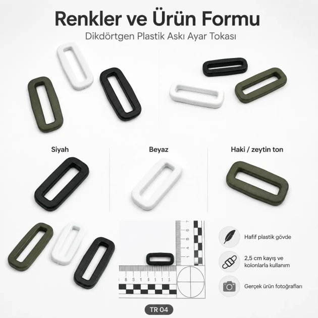 Askı Ayar Tokası 2,5 cm Plastik Dikdörtgen Toka H002820, siyah renk, çanta ve kemer projeleri için ideal, dayanıklı ve hafif