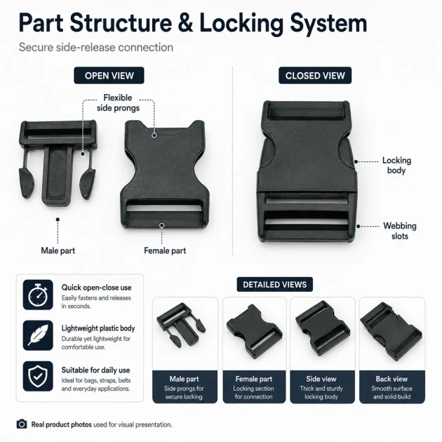 4 cm / 1.57 in Snap Bandolier Buckle Snap Plastic Buckle H005503 for bags, shoes, and textile products