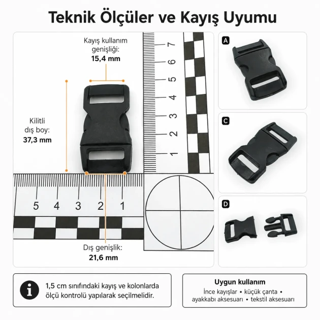 1.5 cm / 0.59 in Plastic Bandolier Buckle Snap Plastic Buckle for bags, shoes, and various textile applications