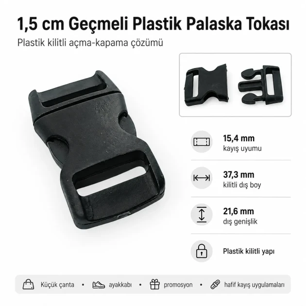 1.5 cm / 0.59 in Plastic Bandolier Buckle Snap Plastic Buckle for bags, shoes, and various textile applications
