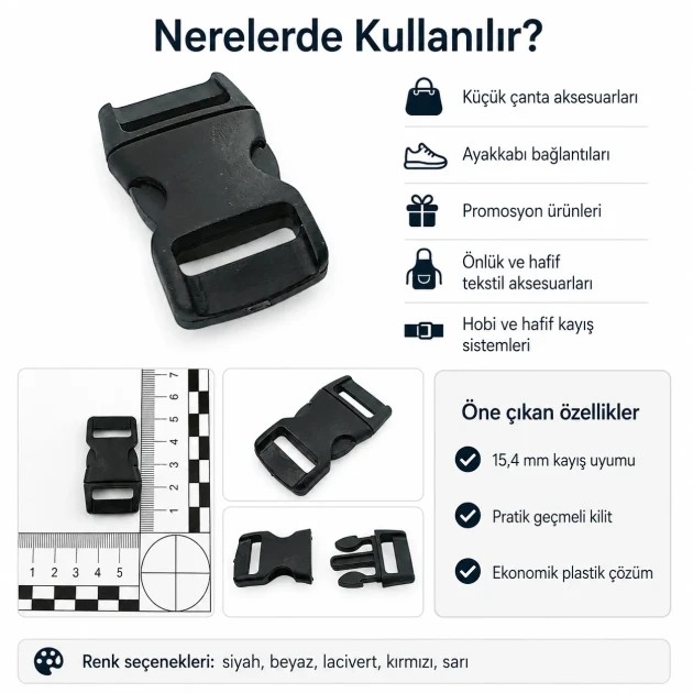 1.5 cm / 0.59 in Plastic Bandolier Buckle Snap Plastic Buckle for bags, shoes, and various textile applications