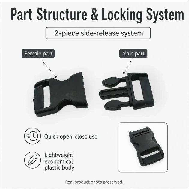 1.5 cm / 0.59 in Plastic Bandolier Buckle Snap Plastic Buckle for bags, shoes, and various textile applications
