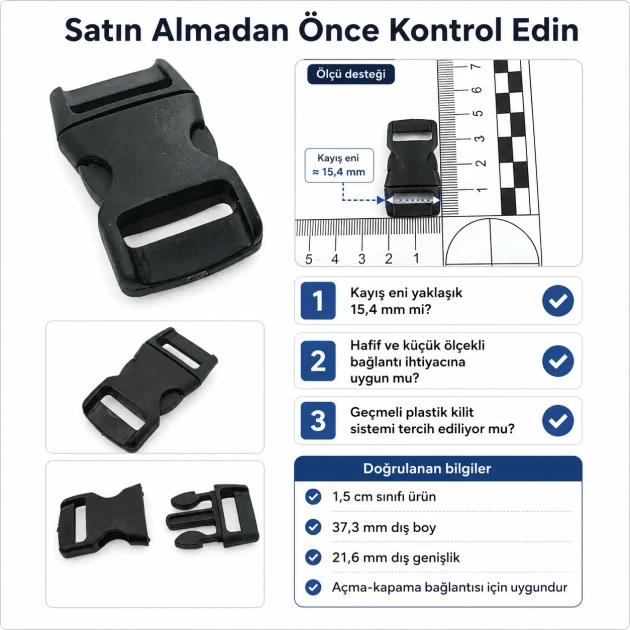 1.5 cm / 0.59 in Plastic Bandolier Buckle Snap Plastic Buckle for bags, shoes, and various textile applications