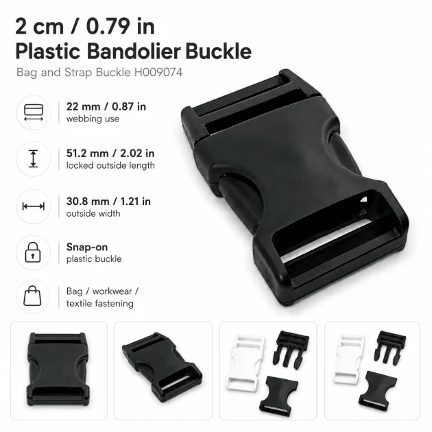 Plastic Bandolier Buckle 2 cm / 0.79 in Snap-On Plastic Buckle for Bags and Webbing H009074