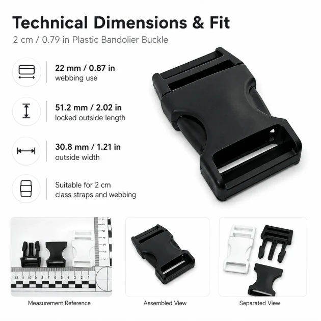 Plastic Bandolier Buckle 2 cm / 0.79 in Snap-On Plastic Buckle for Bags and Webbing H009074