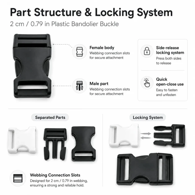 Plastic Bandolier Buckle 2 cm / 0.79 in Snap-On Plastic Buckle for Bags and Webbing H009074