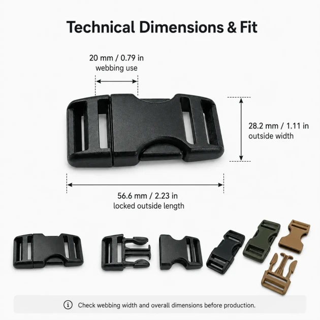 Bandolier Buckle 2 cm / 0.79 in Snap-On Plastic Buckle for Bags and Outdoor Gear