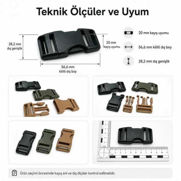 Bandolier Buckle 2 cm / 0.79 in Snap-On Plastic Buckle for Bags and Outdoor Gear