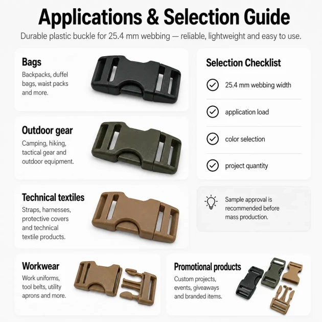 Bandolier Buckle 2.5 cm / 1 in Snap-On Plastic Buckle for Bags and Outdoor Gear