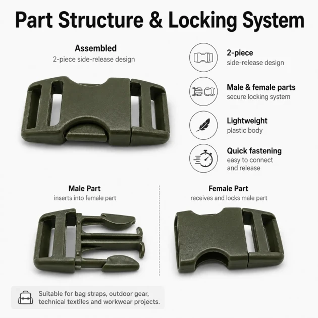 Bandolier Buckle 2.5 cm / 1 in Snap-On Plastic Buckle for Bags and Outdoor Gear