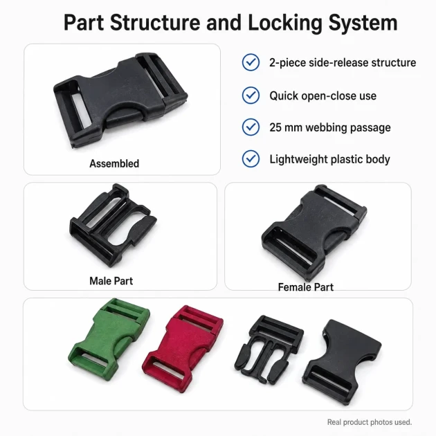 Snap Bandolier Buckle 2.5 cm / 1 in Plastic Side-Release Buckle for Bags and Webbing, durable and versatile for various