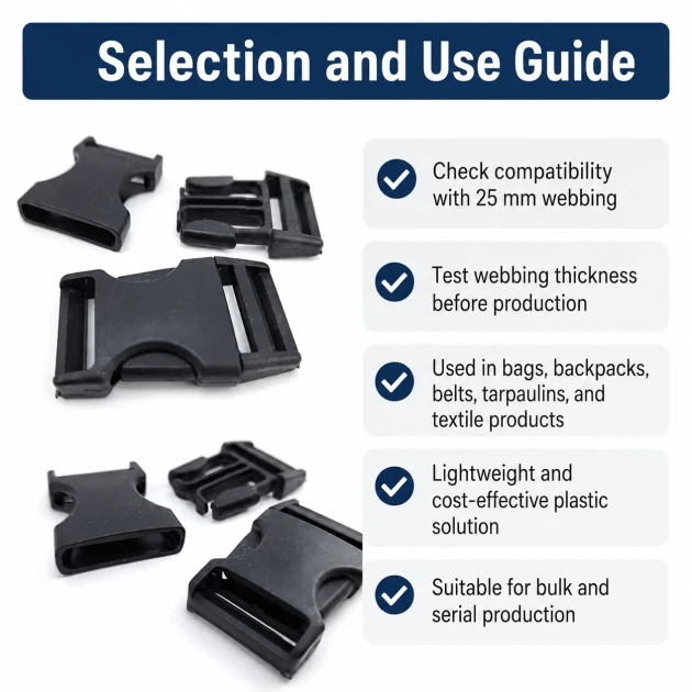 Snap Bandolier Buckle 2.5 cm / 1 in Plastic Side-Release Buckle for Bags and Webbing, durable and versatile for various
