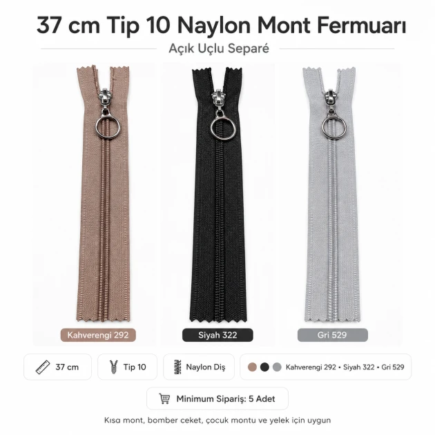 37 cm / 14.57 in N5 / #5 Nylon Coil Jacket Zipper – Open End Zipper for jackets and outdoor gear