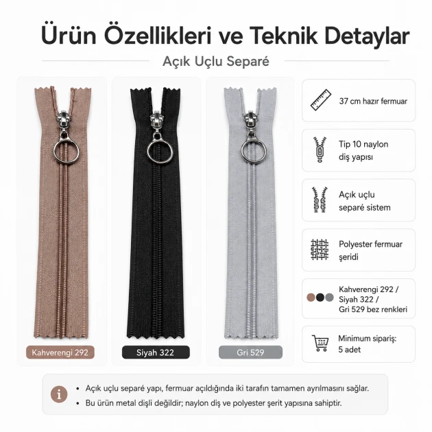 37 cm / 14.57 in N5 / #5 Nylon Coil Jacket Zipper – Open End Zipper for jackets and outdoor gear