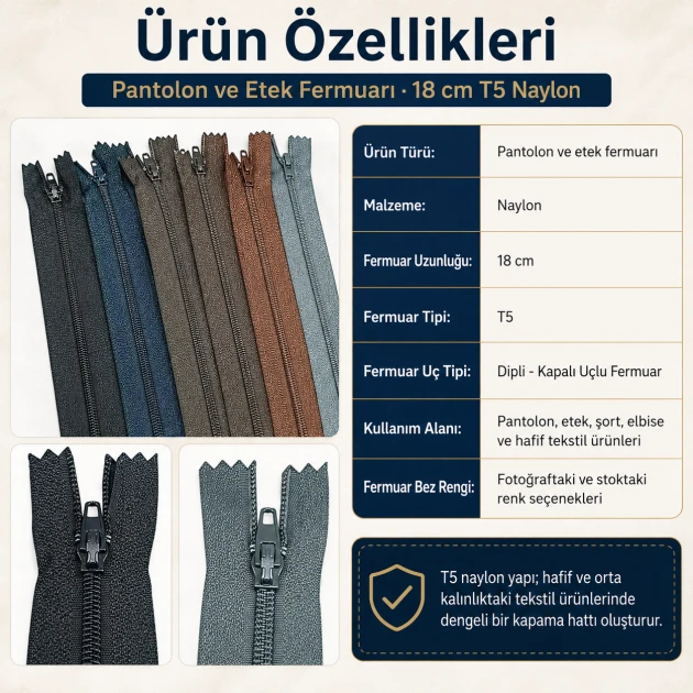 18 cm closed-end nylon zipper #3 for pants and skirts, durable and lightweight fastening solution
