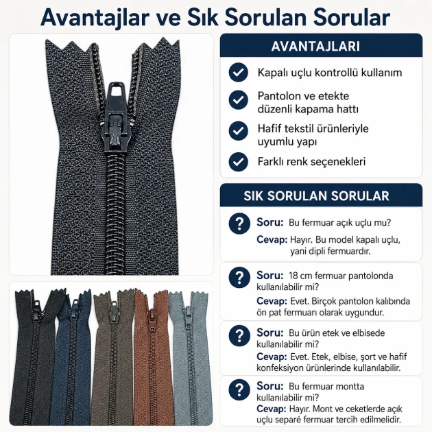 18 cm closed-end nylon zipper #3 for pants and skirts, durable and lightweight fastening solution