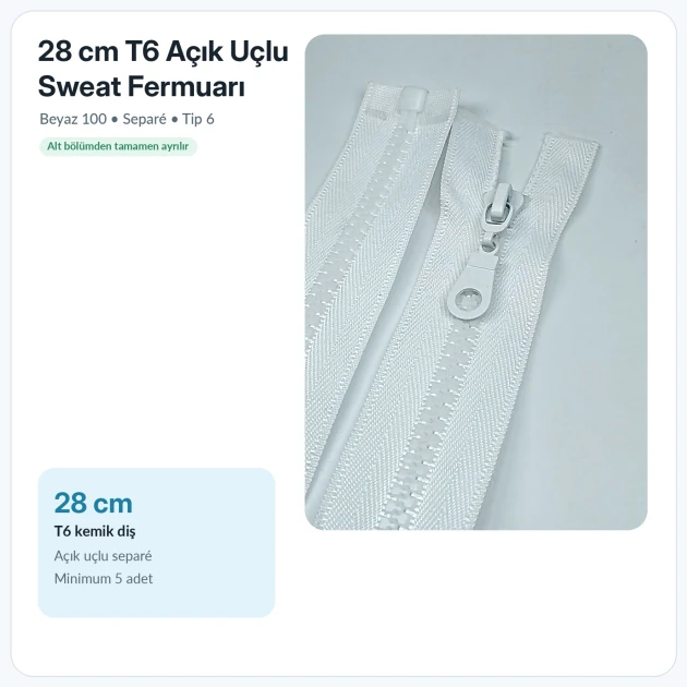 28 cm T6 kemik sweat fermuarı açık uçlu separé, çocuk montu ve kısa hırka gibi hafif dış giyim ürünlerinde kullanılan