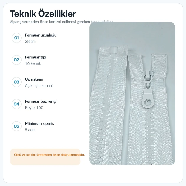 28 cm T6 kemik sweat fermuarı açık uçlu separé, çocuk montu ve kısa hırka gibi hafif dış giyim ürünlerinde kullanılan