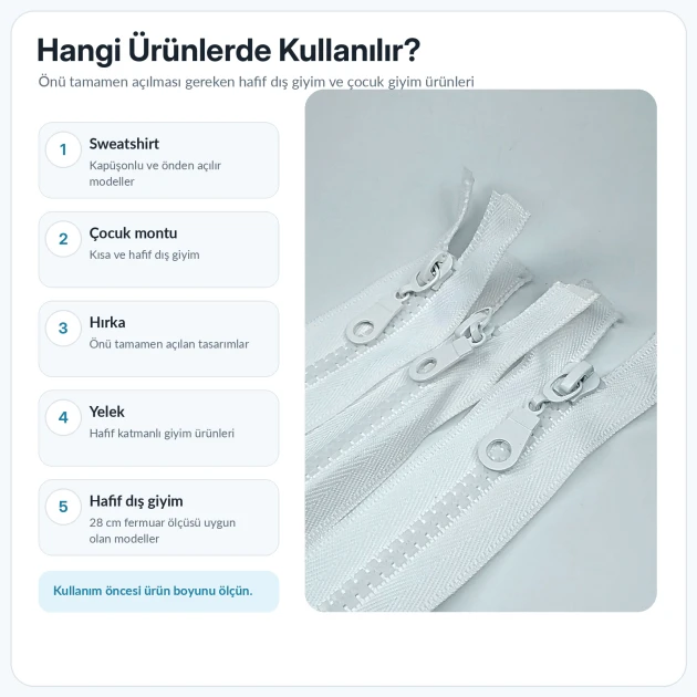 28 cm T6 kemik sweat fermuarı açık uçlu separé, çocuk montu ve kısa hırka gibi hafif dış giyim ürünlerinde kullanılan