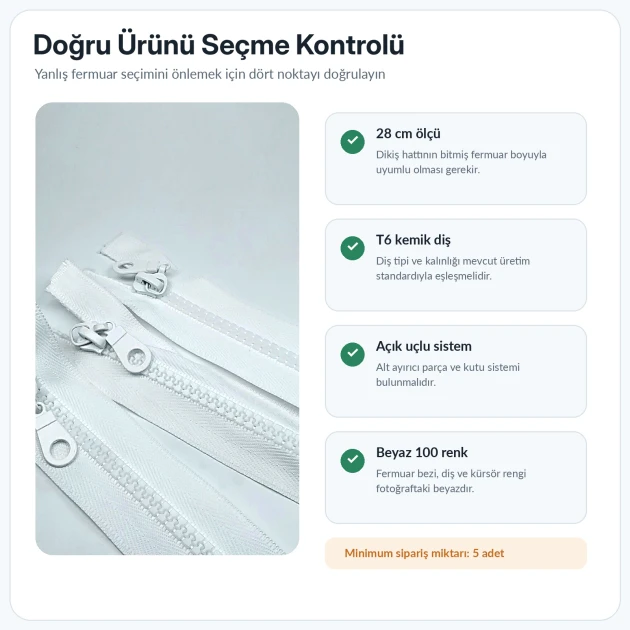28 cm T6 kemik sweat fermuarı açık uçlu separé, çocuk montu ve kısa hırka gibi hafif dış giyim ürünlerinde kullanılan
