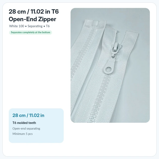 28 cm T6 kemik sweat fermuarı açık uçlu separé, çocuk montu ve kısa hırka gibi hafif dış giyim ürünlerinde kullanılan