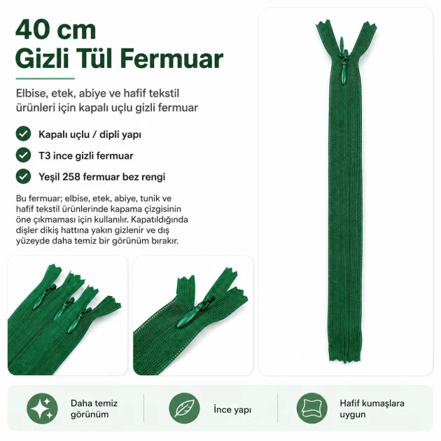 40 cm Closed End (Bottom) Hidden Tulle Zipper ZPHSN0040TUL