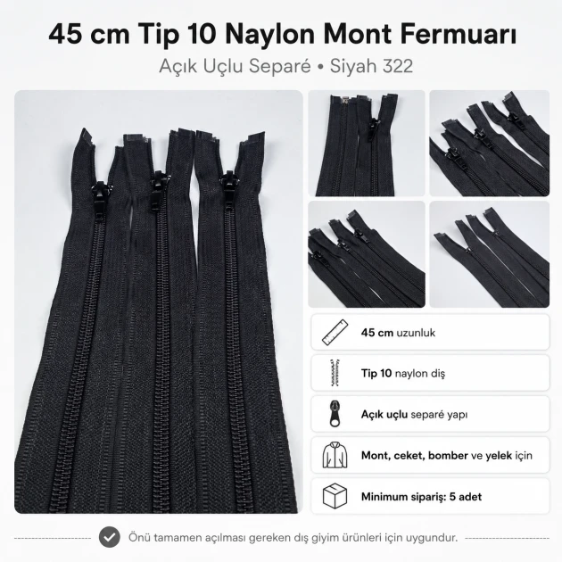 45 cm / 17.72 in N5 / #5 Nylon Coil Jacket Zipper – Open End for jackets and outdoor wear