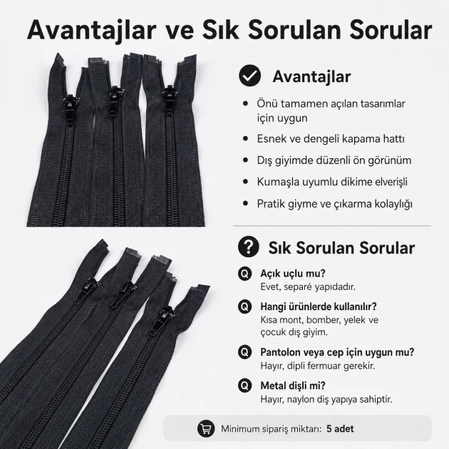 45 cm / 17.72 in N5 / #5 Nylon Coil Jacket Zipper – Open End for jackets and outdoor wear