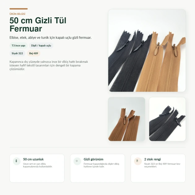 50 cm / 19.69 in N3 / #3 Invisible Tulle Zipper, Closed End for dresses and lightweight garments