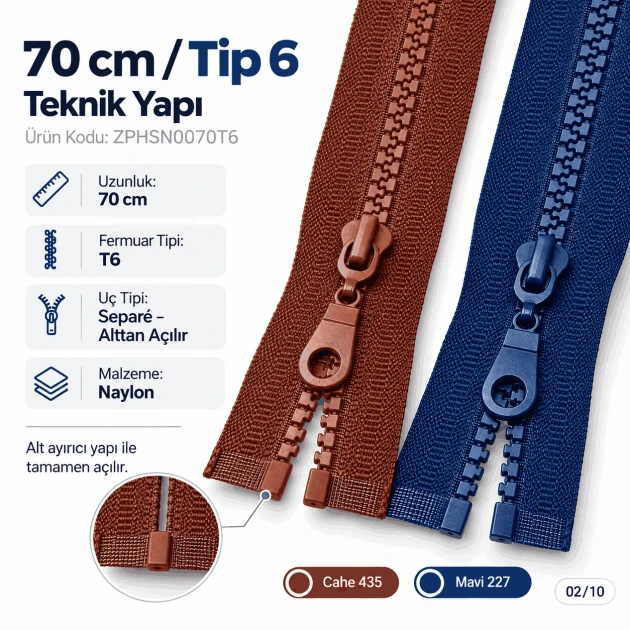 70 cm #6 Nylon Coil Sweatshirt Zipper Open End