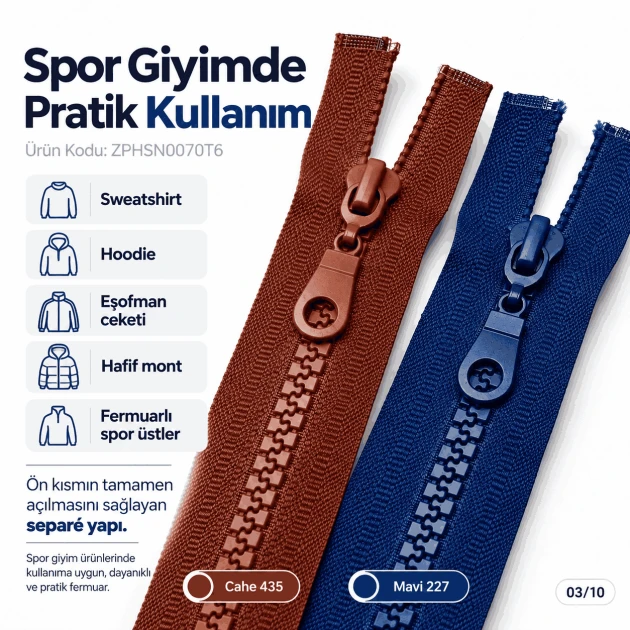70 cm #6 Nylon Coil Sweatshirt Zipper Open End