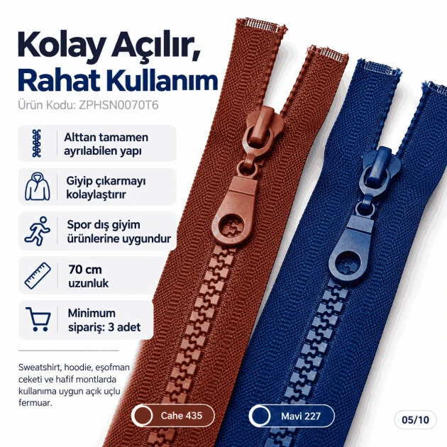 70 cm #6 Nylon Coil Sweatshirt Zipper Open End
