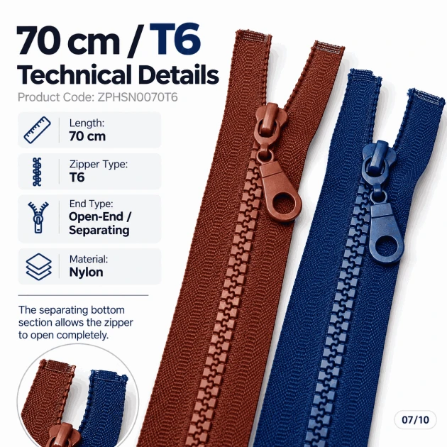 70 cm #6 Nylon Coil Sweatshirt Zipper Open End