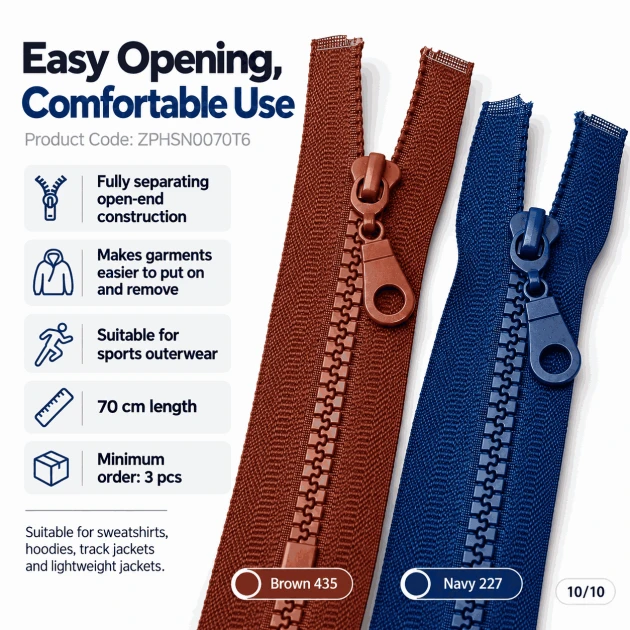 70 cm #6 Nylon Coil Sweatshirt Zipper Open End