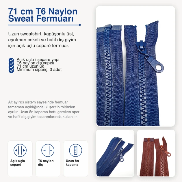 71 cm / 27.95 in #6 Nylon Coil Sweatshirt Zipper – Open End ZPHSN0071T6 for hoodies and light jackets