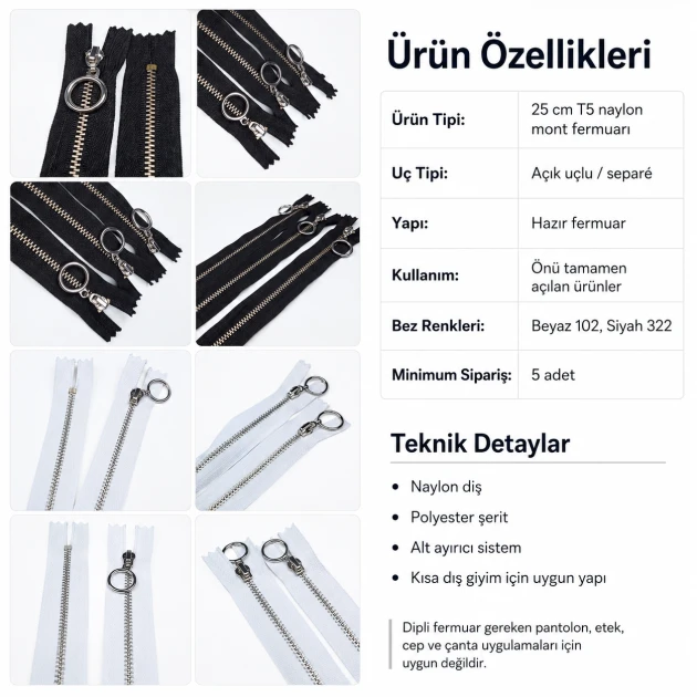 25 cm / 9.84 in N3 / #3 Nylon Coil Jacket Zipper – Open End for jackets and coats