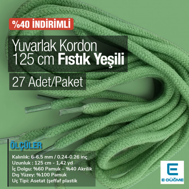 125 cm Yuvarlak Kordon Pamuk Fıstık Yeşili Promosyonlu Satış PROMOYKRD00PFGreen