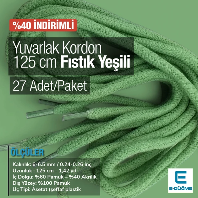 125 cm Yuvarlak Kordon Pamuk Fıstık Yeşili Promosyonlu Satış PROMOYKRD00PFGreen