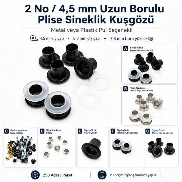 Long-Barrel Pleated Insect Screen Eyelet 4.5 mm / 0.177 in with Metal or Plastic Washer Options for layered textiles, bags