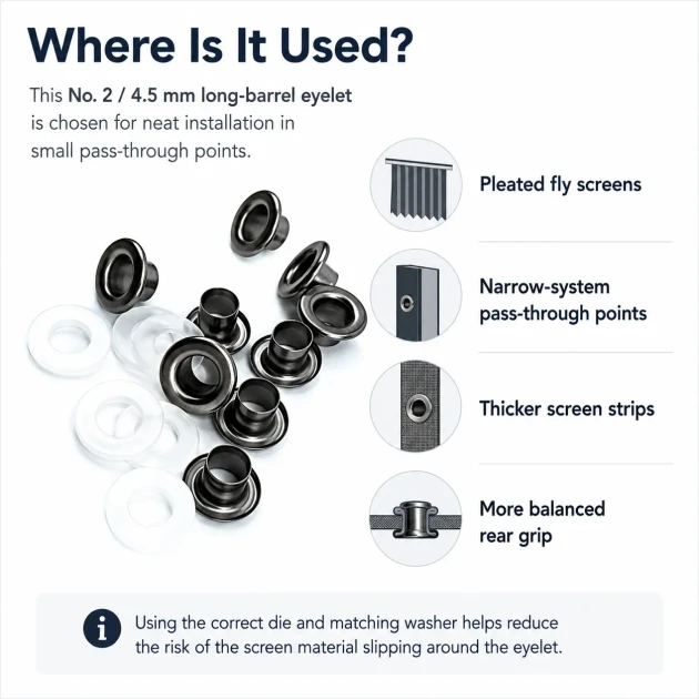 Long-Barrel Pleated Insect Screen Eyelet 4.5 mm / 0.177 in with Metal or Plastic Washer Options for layered textiles, bags