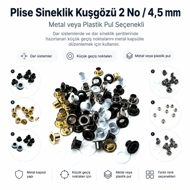 Pleated Insect Screen Eyelet 4.5 mm / 0.177 in with Metal or Plastic Washer Options for Footwear, Bags, and Garments