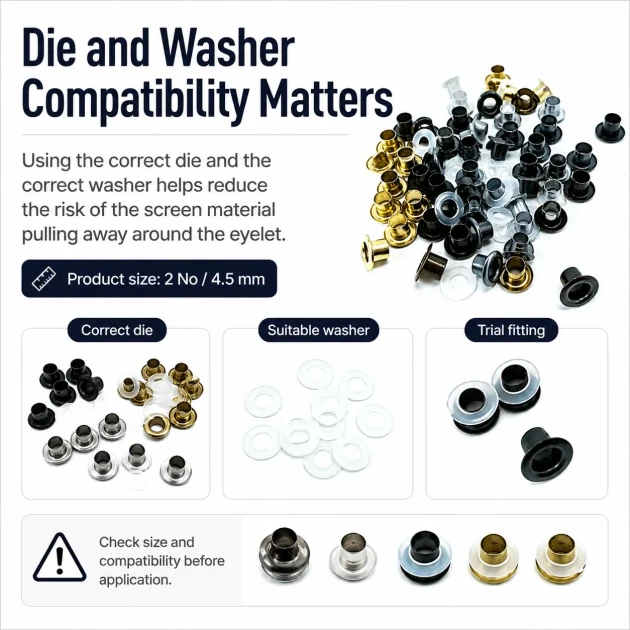 Pleated Insect Screen Eyelet 4.5 mm / 0.177 in with Metal or Plastic Washer Options for Footwear, Bags, and Garments