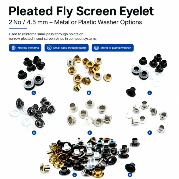 Pleated Insect Screen Eyelet 4.5 mm / 0.177 in with Metal or Plastic Washer Options for Footwear, Bags, and Garments