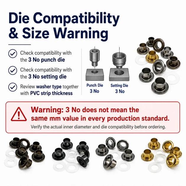 Pleated Fly Screen Eyelet 5.3 mm Inner Diameter Steel with Washer for Footwear, Bags, and Garments