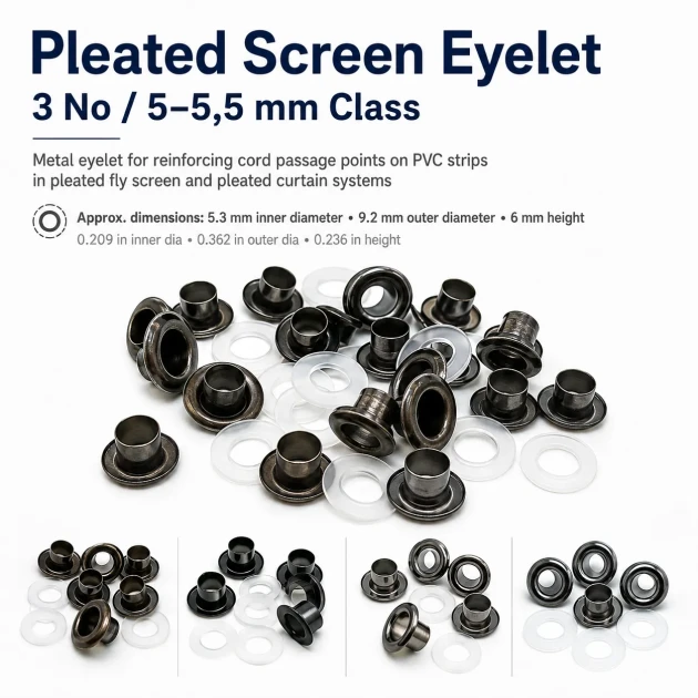 Pleated Fly Screen Eyelet 5.3 mm Inner Diameter Steel with Washer for Footwear, Bags, and Garments