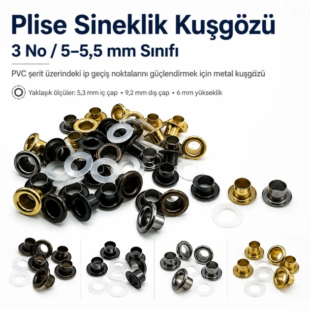 Pleated Fly Screen Eyelet 5.3 mm Inner Diameter Steel with Washer for Footwear, Bags, and Garments
