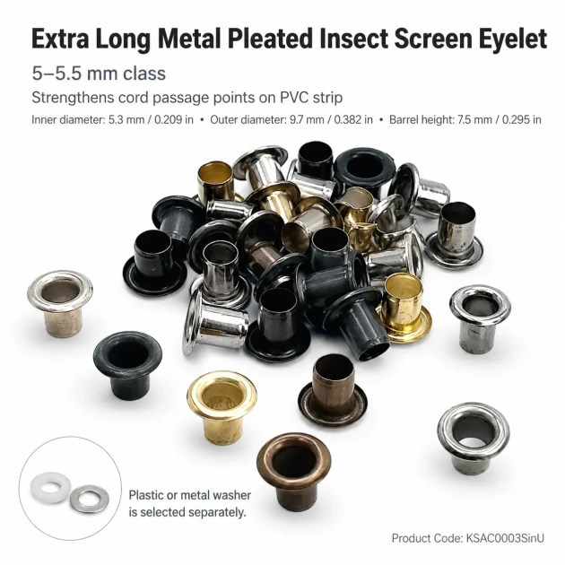 Extra Long Metal Pleated Fly Screen Eyelet with 5.3 mm Inner Diameter for Thick Fabrics and Accessories