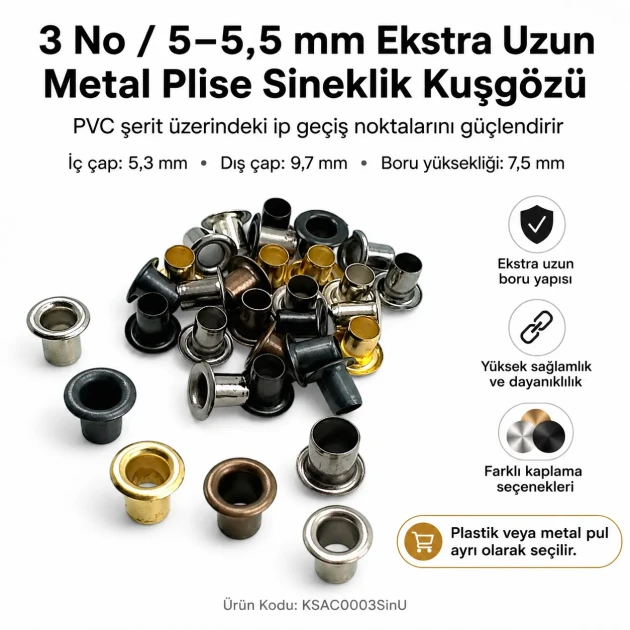 Extra Long Metal Pleated Fly Screen Eyelet with 5.3 mm Inner Diameter for Thick Fabrics and Accessories